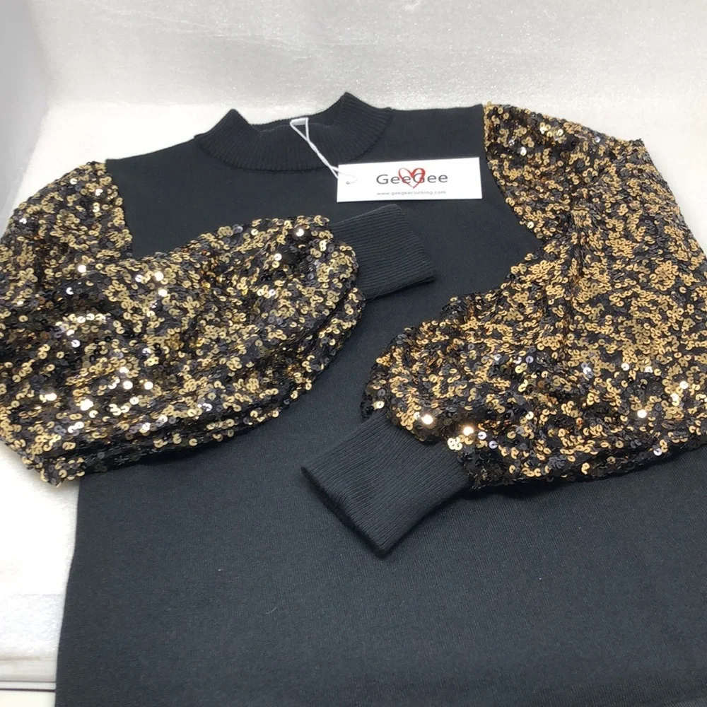 NEW GeeGee Sweater Black Gold Sequins Bubble Puff Sleeves Size Small